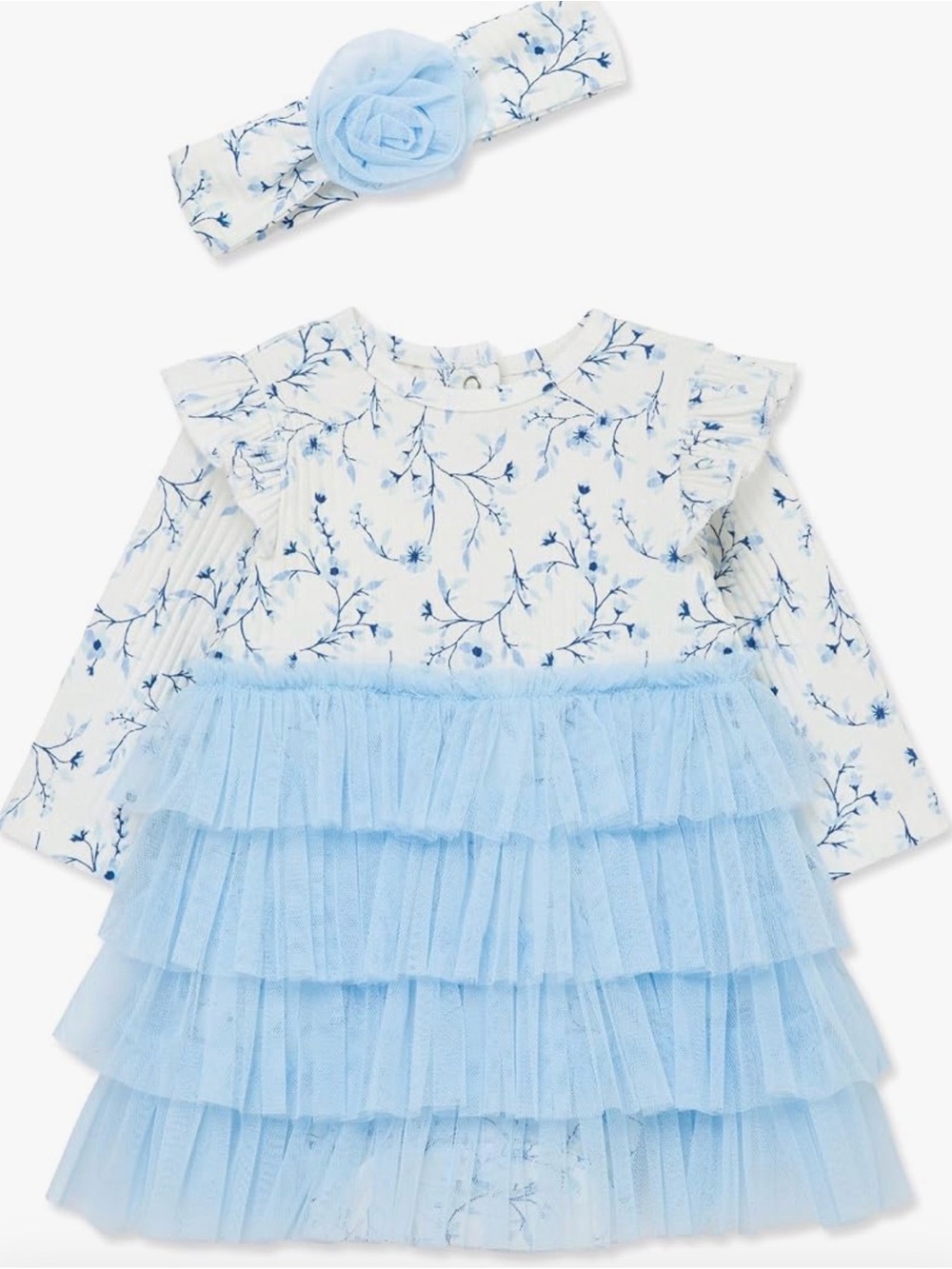 NWT Little Me Baby Girl Blue‎ Floral Tutu Bodysuit Dress & Headband Set 3M